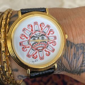 Chief Tony Hunt First Nations Mask Dial Watch Gold Tone Leather Strap Unisex
